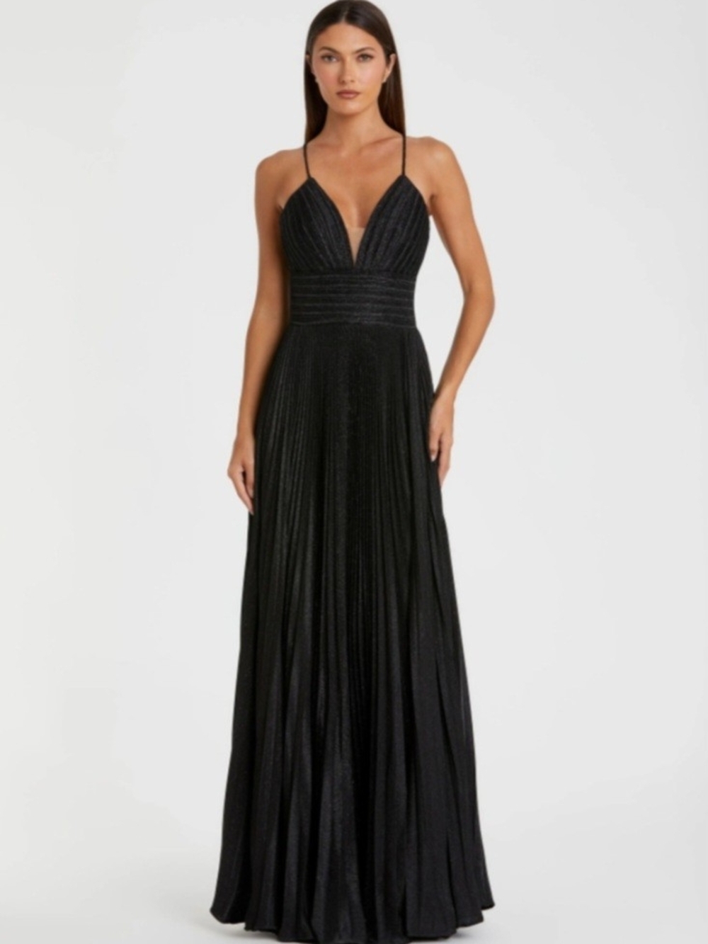 Mac Duggal Black Plunging V-Neck Spaghetti Strap Maxi Gown